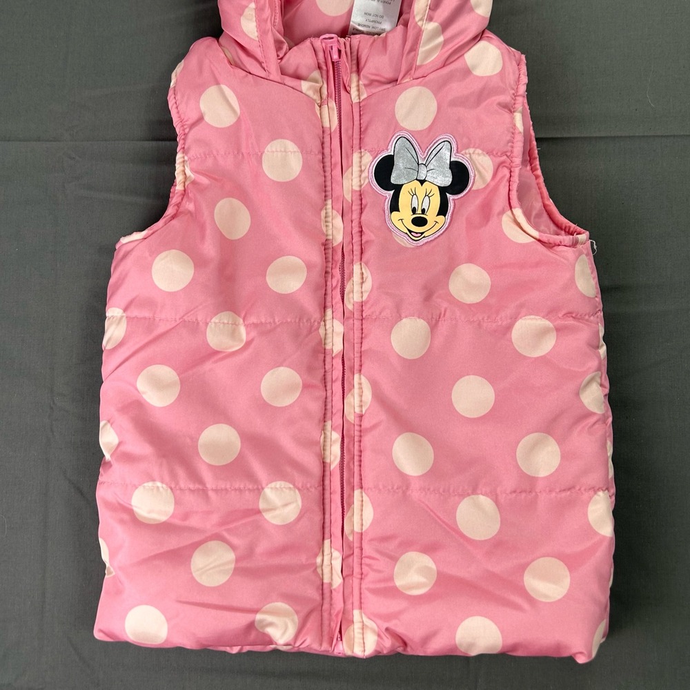 Disney Junior Minnie Mouse Pink Polka Dot Hooded Puffer Vest Girls 3T Winter - Picture 2 of 8